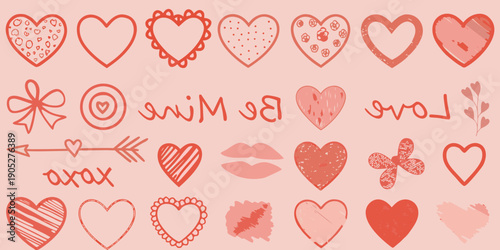 A collection of hand drawn hearts lips and love themed doodles