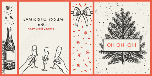 Festive christmas collage with champagne tree and holiday greetings