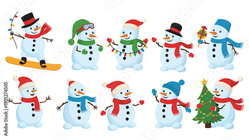 Large set of cute snowman characters in different poses wearing winter accessories like hats, scarves, and holding festive items.
