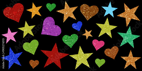 Colorful glitter hearts and stars scattered against a black background