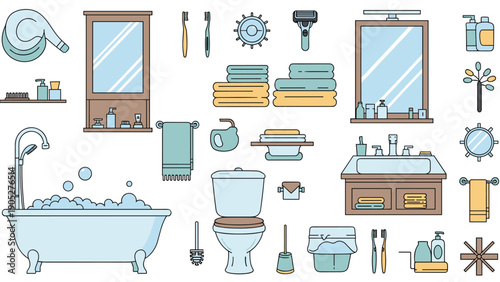 Comprehensive collection of flat icons for bathroom equipment and toiletries including a bathtub, toilet, sink, mirror, and towels.