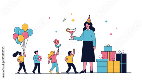 Birthday party celebration with a woman holding a cocktail while being approached by children bringing gifts, balloons, and flowers.