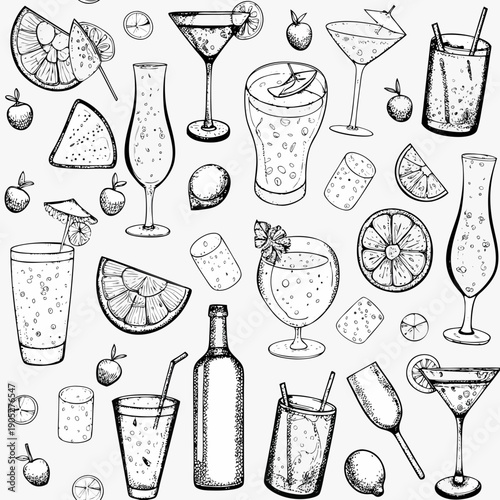 A collection of hand drawn cocktail glasses fruit slices and beverage containers