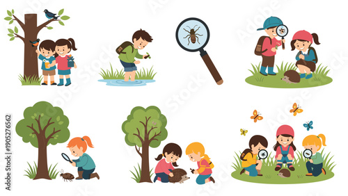 Group of curious children exploring nature with magnifying glasses while observing small insects and hedgehogs in a green field.