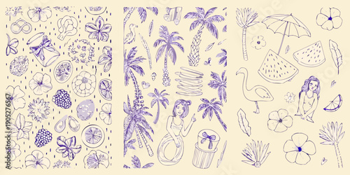 Hand drawn tropical sketches featuring fruits flowers and summer scenes
