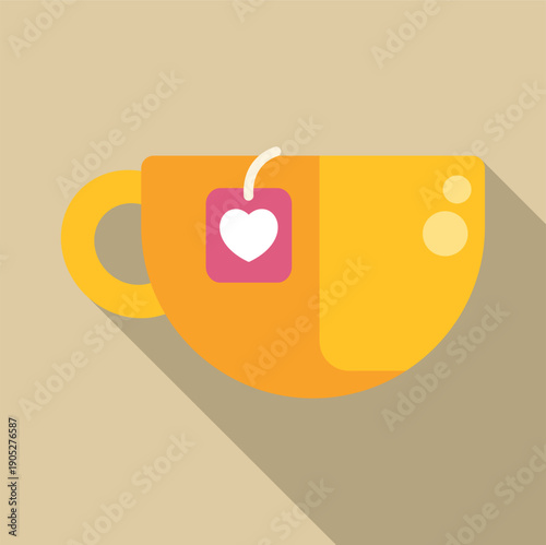 Yellow tea cup holding a teabag with a white heart design, featuring long shadow flat design