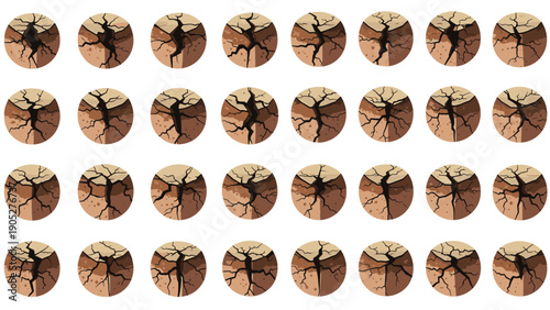 Repeated circular pattern of parched and cracked earth texture representing drought conditions and lack of water in arid soil.