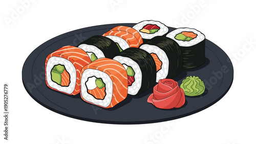 Platter of assorted sushi rolls including salmon and tuna pieces served with a side of pickled ginger and green wasabi paste.