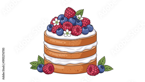 Mouthwatering three layer sponge cake filled with white cream and topped with fresh raspberries, blueberries, and small white flowers.