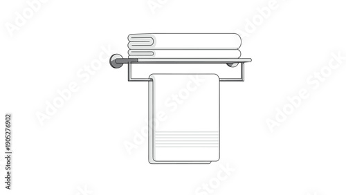 Simple illustration of two folded white towels resting on a metal wall rack with a third towel hanging down in a bathroom setting.