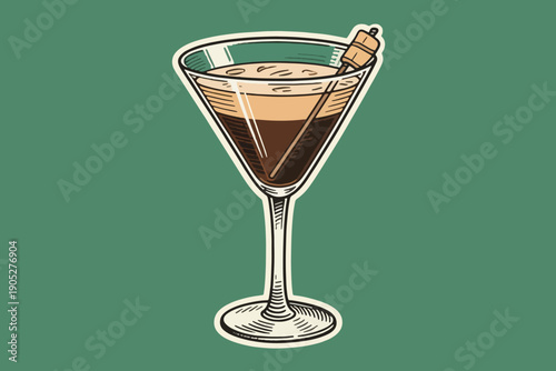 Layered cocktail glass with dark and creamy drink, wafer stick garnish, and solid green background in modern stylized design.