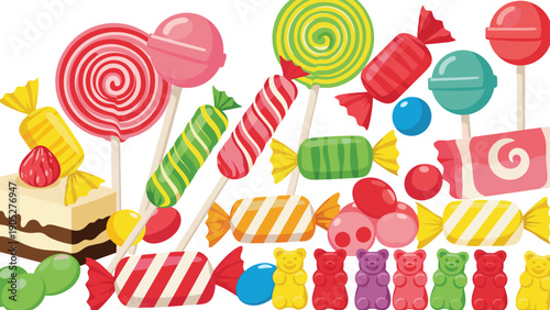 Colorful assortment of sweet treats including lollipops, hard candies, gummy bears, chocolate cake, and fruit flavored sugar drops.