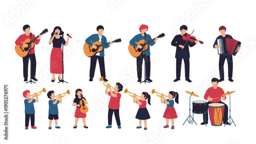 Collection of diverse people and children playing musical instruments like guitar, violin, trumpet, drums, and accordion in a band.