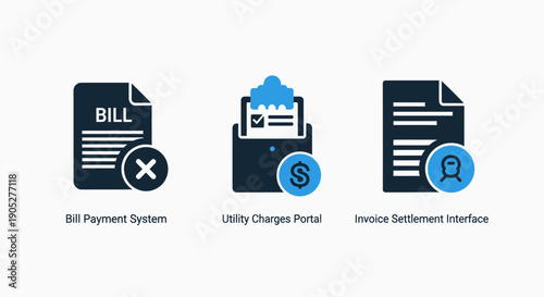 Set of three business icons related to finance and transactions: a denied bill, a wallet with a dollar sign, and an invoice interface.