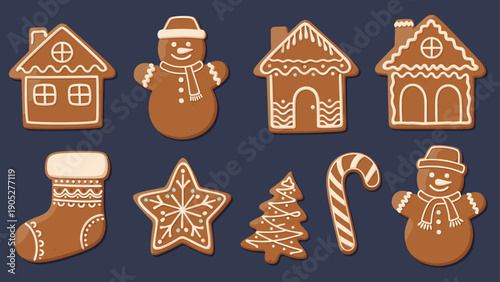 Traditional gingerbread cookies in shapes of houses, stars, snowmen, and Christmas trees are decorated with white icing on a dark base.