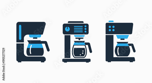 Three stylized coffee maker icons in a modern flat design, showcasing different models with carafes and brewing mechanisms.