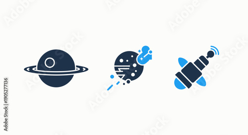 Three icons representing space exploration and celestial bodies: Saturn, a moving planet with stars, and a satellite.