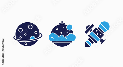 Three icons depicting space and astronomy elements: a ringed planet, a moon with clouds, and a futuristic satellite.