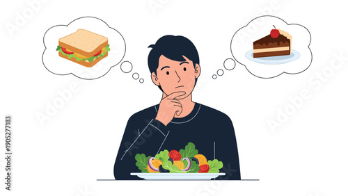Thoughtful man sitting before a healthy salad contemplates whether to choose a delicious sandwich or a sweet piece of chocolate cake.