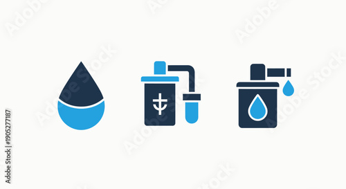 Three icons related to water: a droplet for quality, a filter system, and a dispensing tap for usage, in dark blue and bright blue.