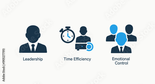 Icons representing business and personal development: leadership, time efficiency with a stopwatch, and emotional control.