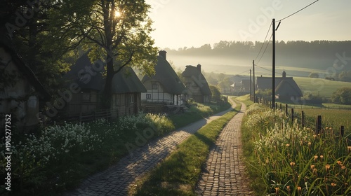 Peaceful Countryside Village with Thatched Cottages at Sunrise