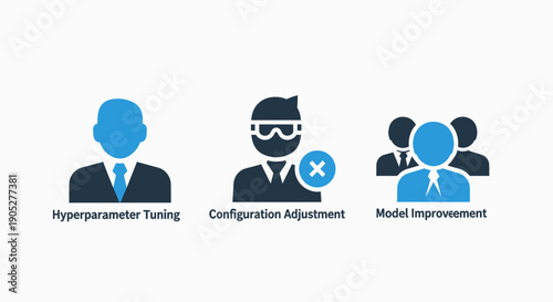 Artificial Intelligence and Data Science Development Vector Icons: Hyperparameter Tuning, Configuration Adjustment, and Model Improvement