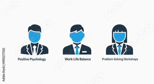 Visualizing modern business concepts like positive psychology, work-life balance, and problem-solving workshops with professional corporate person icons.