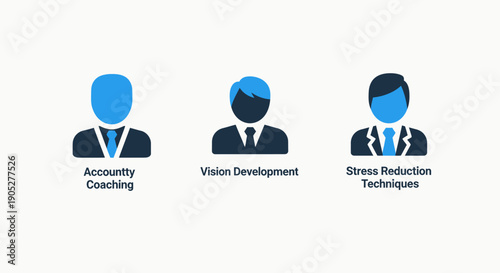 Promoting personal and professional growth with icons for accounting coaching, vision development, and stress reduction techniques, ideal for business and wellness themes.