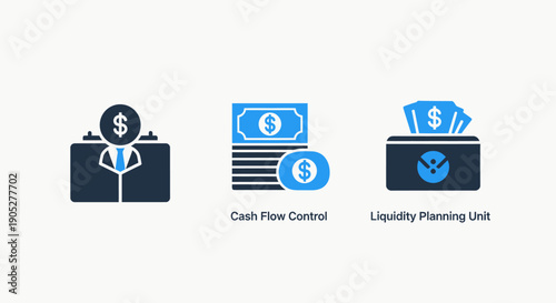 Financial Management Vector Icons for Cash Flow Control, Liquidity Planning, and Business Accounting in Blue Tones