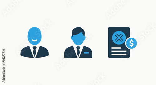 Business and Financial Administration Icons Representing Customer Relations, Agreements, and Monetary Transactions in Blue