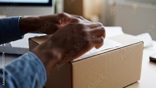 Close Up Of Package Packing And Shipping Process.