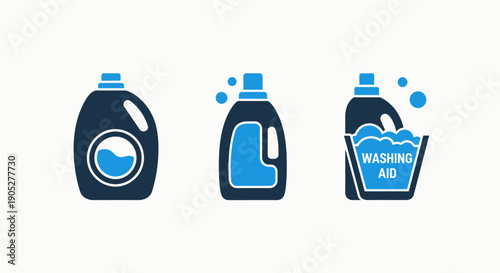 Laundry and Household Cleaning Vector Icons Featuring Detergent Bottles and Washing Aids in Blue and Dark Blue
