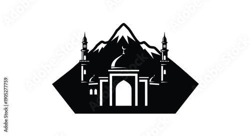 Ancient Temple Silhouette with Majestic Mountains and Towers in Minimalist Style