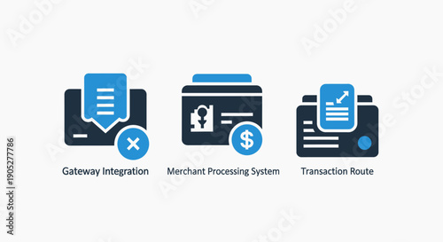Digital payment processing and financial transaction management concepts, including gateway integration, merchant systems, and transaction routing, in blue icons.