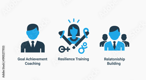 Goal Achievement and Resilience Training Vector Icons Set: Business Coaching, Relationship Building, and Personal Growth Illustrations