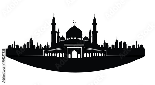 Islamic mosque silhouette with minarets and dome on white background