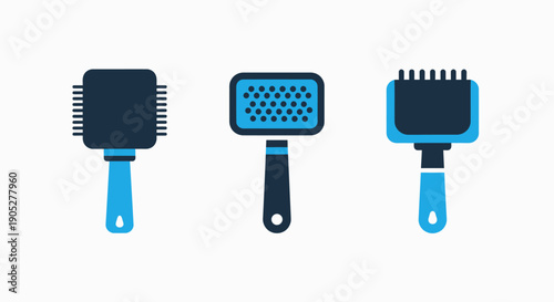 Modern Pet Grooming Brushes Vector Illustration Set for Animal Hair Care and Styling Tools, Featuring Slicker, Pin, and Soft Brush Designs