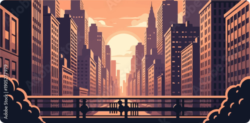 Pixelated city skyline at sunset with two silhouettes on a bridge