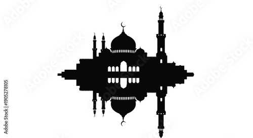 Islamic mosque silhouette with domes and minarets on white background