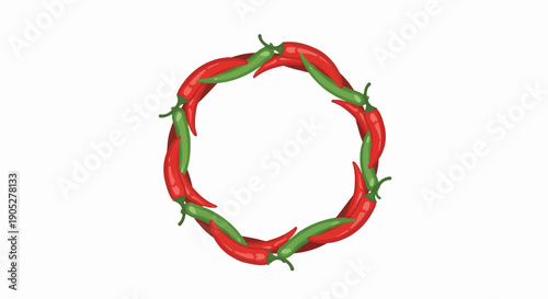 Red and green peppers arranged in a circular border on a white background