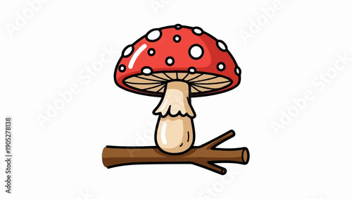 Red and white spotted mushroom on a brown branch with a white background