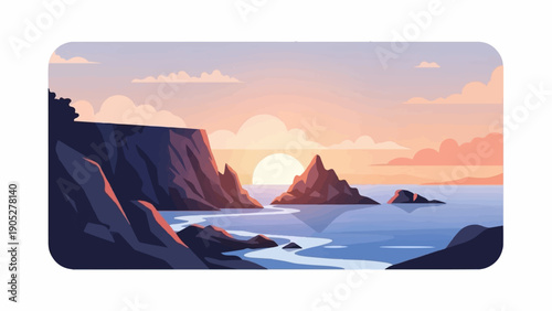 Pixelated coastal sunset with rocky islands and dramatic cliffs