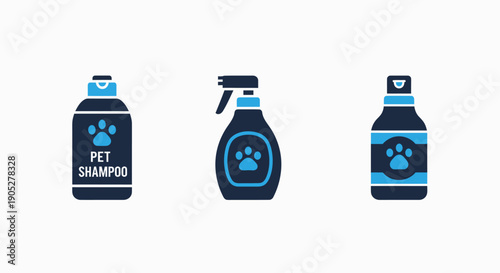 Pet Grooming and Hygiene Product Icons: Shampoo Bottles and Sprayer for Animal Care and Cleaning