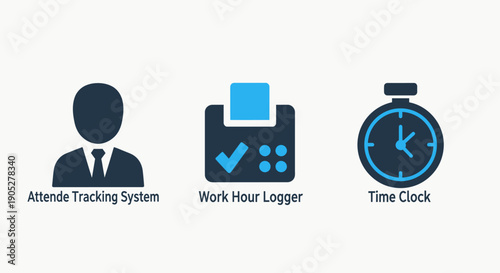 Workplace Productivity and Time Management Icons: Attendance Tracking, Work Hour Logging, and Time Clock Systems