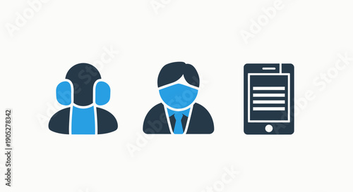 Communication and Health in Business Icons: Group of People, Masked Professional, and Mobile Smartphone Device