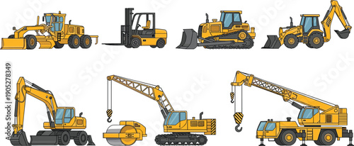 Set of yellow construction machinery vehicles including excavator, bulldozer, crane, forklift and road roller isolated on white background for industrial projects