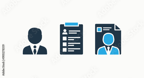 Professional Human Resources and Recruitment Icons Featuring Businesspeople Profiles and Application Documents in Flat Blue Style