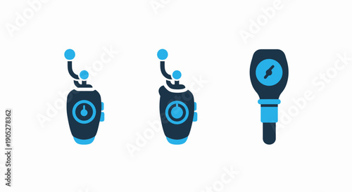 Modern Electronic Devices Icons Set Featuring Communication Gadgets and Measurement Tools in Blue and Dark Tones