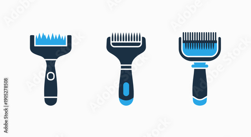 A trio of flat blue and dark blue pet grooming tools, including various combs and rakes, designed for efficient animal care and dematting.